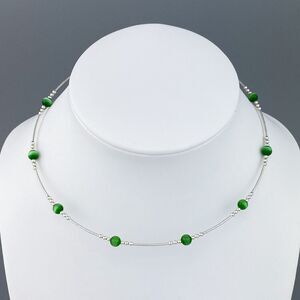Sterling Silver Memory Wire Green Simulated Cat's Eye Bead Choker Necklace 16"